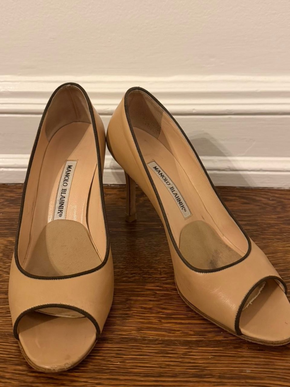 Vintage Manolo Blahnik Nude Beige Peep-Toe Pumps with Dark Trim